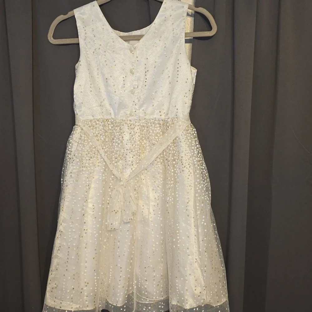 Jona Michelle Girls Cream/Gold Sequin Dress Christmas Ties Button Back Sz 12 EUC - Picture 6 of 11